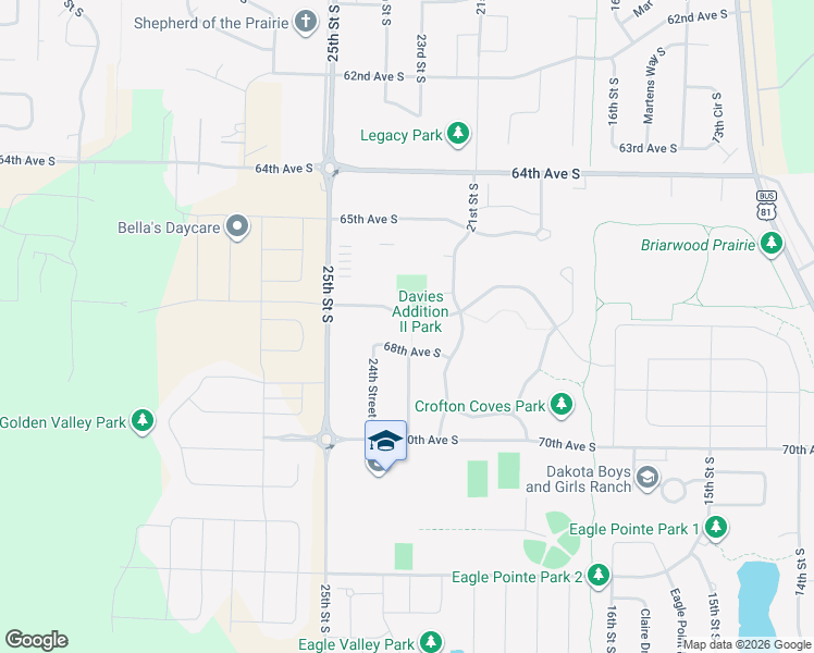 map of restaurants, bars, coffee shops, grocery stores, and more near 2238 67th Avenue South in Fargo