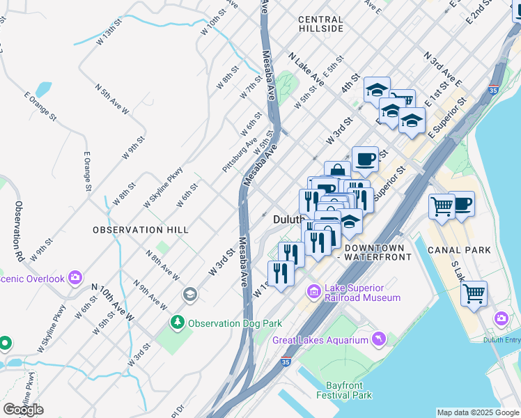 map of restaurants, bars, coffee shops, grocery stores, and more near 416 West 4th Street in Duluth