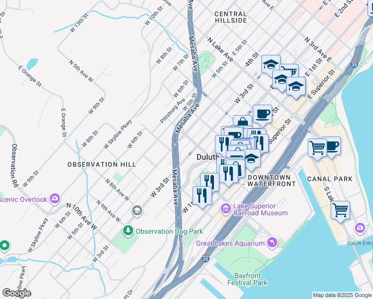 map of restaurants, bars, coffee shops, grocery stores, and more near 416 West 4th Street in Duluth