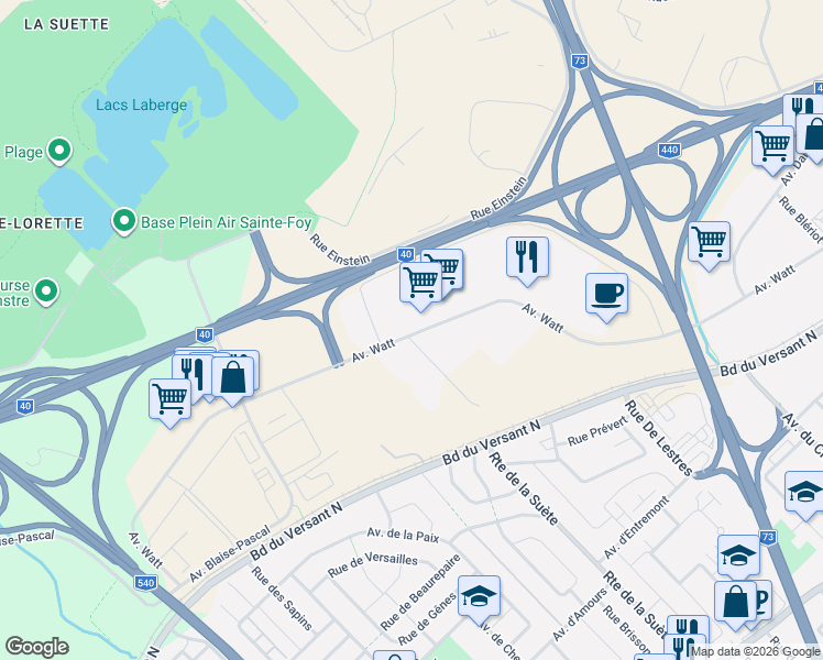 map of restaurants, bars, coffee shops, grocery stores, and more near 3000 Avenue Watt in Québec