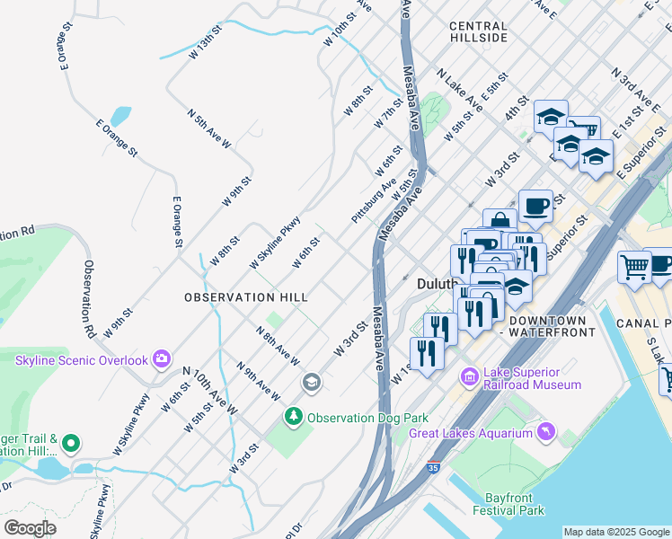 map of restaurants, bars, coffee shops, grocery stores, and more near 516 West 5th Street in Duluth