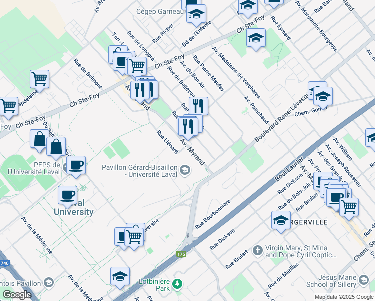 map of restaurants, bars, coffee shops, grocery stores, and more near 1000 Avenue Myrand in Québec