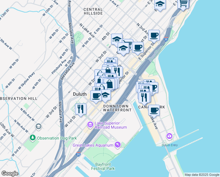 map of restaurants, bars, coffee shops, grocery stores, and more near 200 West Superior Street in Duluth