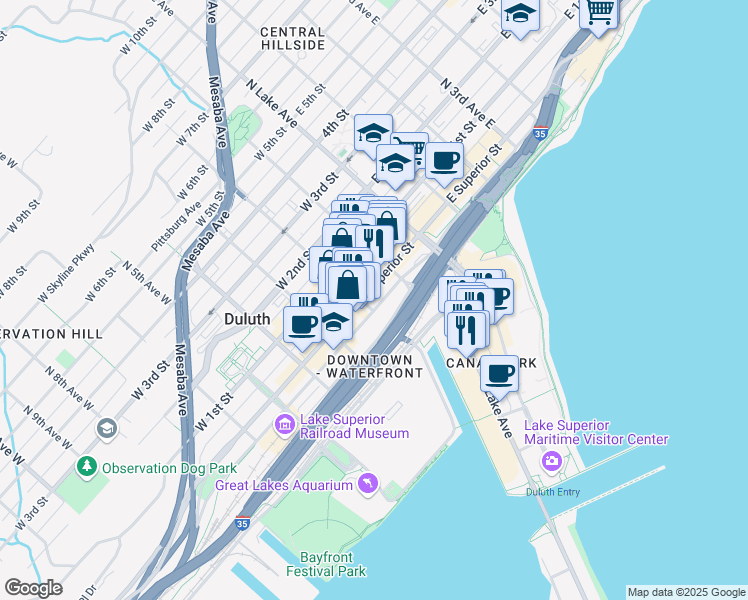 map of restaurants, bars, coffee shops, grocery stores, and more near 130 West Superior Street in Duluth