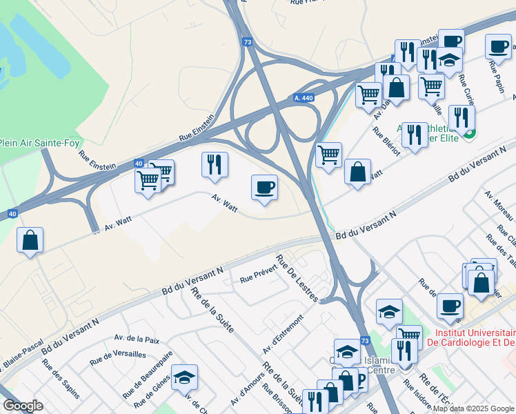 map of restaurants, bars, coffee shops, grocery stores, and more near 2930 Avenue Watt in Québec