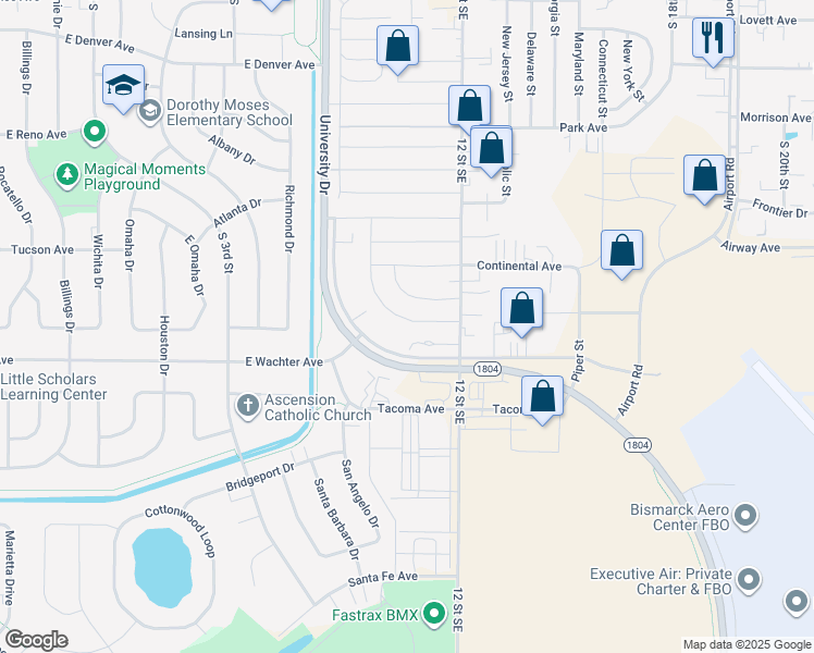 map of restaurants, bars, coffee shops, grocery stores, and more near 1100 Basin Avenue in Bismarck