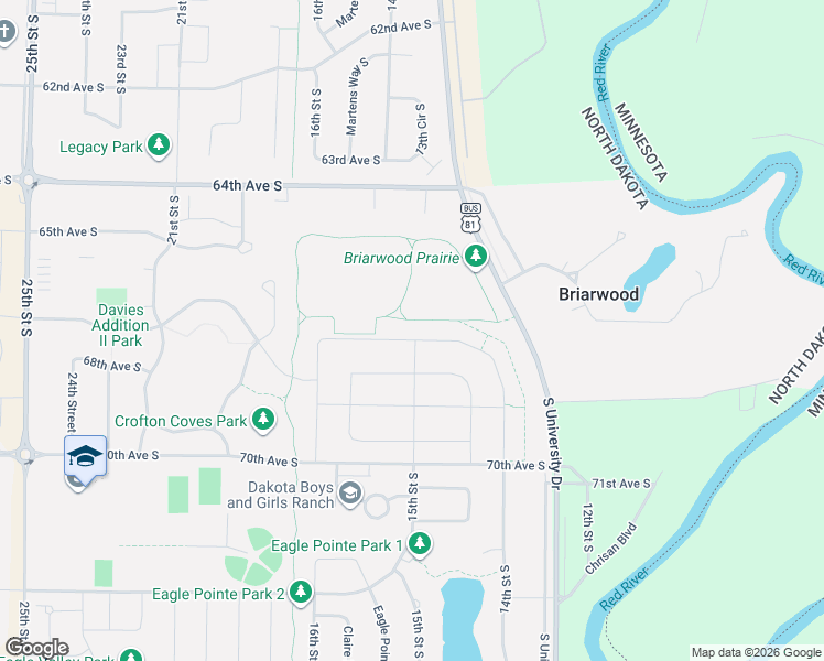map of restaurants, bars, coffee shops, grocery stores, and more near 6469 South University Drive in Fargo
