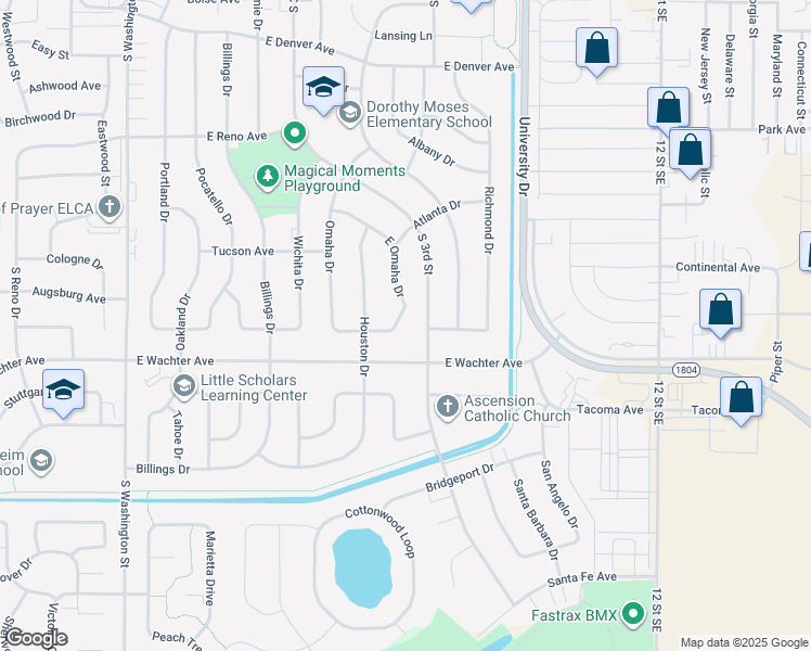 map of restaurants, bars, coffee shops, grocery stores, and more near 1725 East Omaha Drive in Bismarck