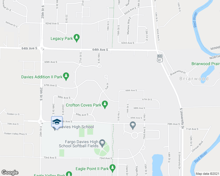 map of restaurants, bars, coffee shops, grocery stores, and more near 6682 Crofton Lane South in Fargo