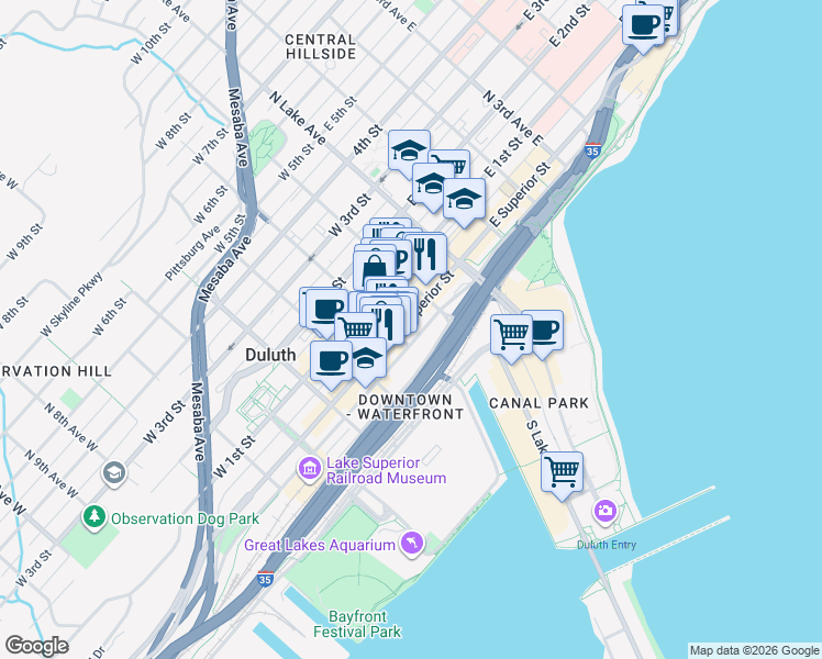map of restaurants, bars, coffee shops, grocery stores, and more near 130 West Superior Street in Duluth