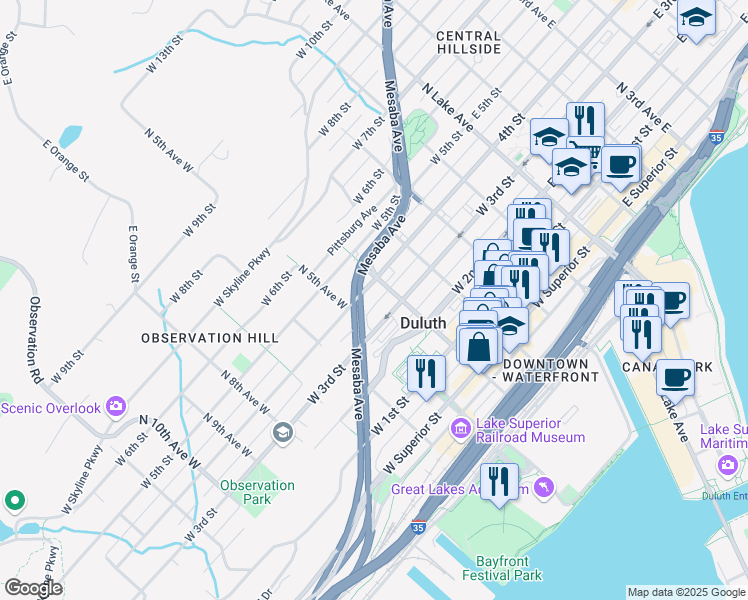 map of restaurants, bars, coffee shops, grocery stores, and more near 416 West 4th Street in Duluth