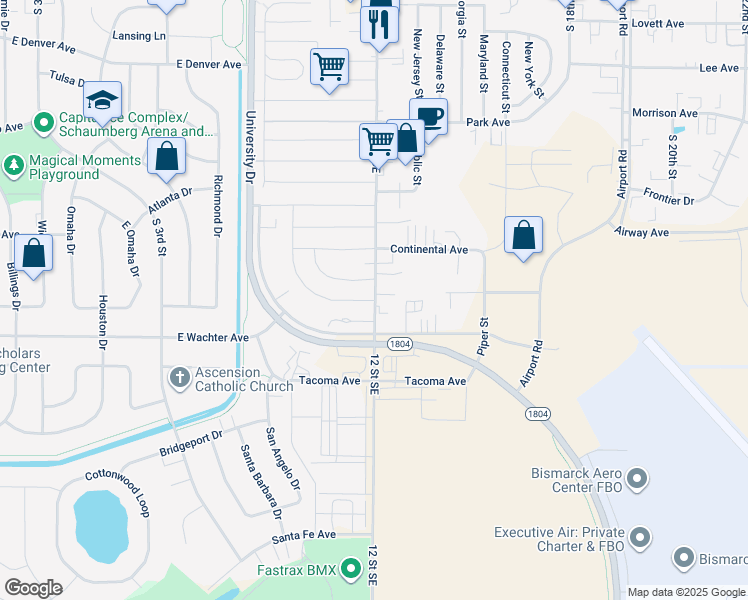 map of restaurants, bars, coffee shops, grocery stores, and more near 199 Northwest Drive in Bismarck