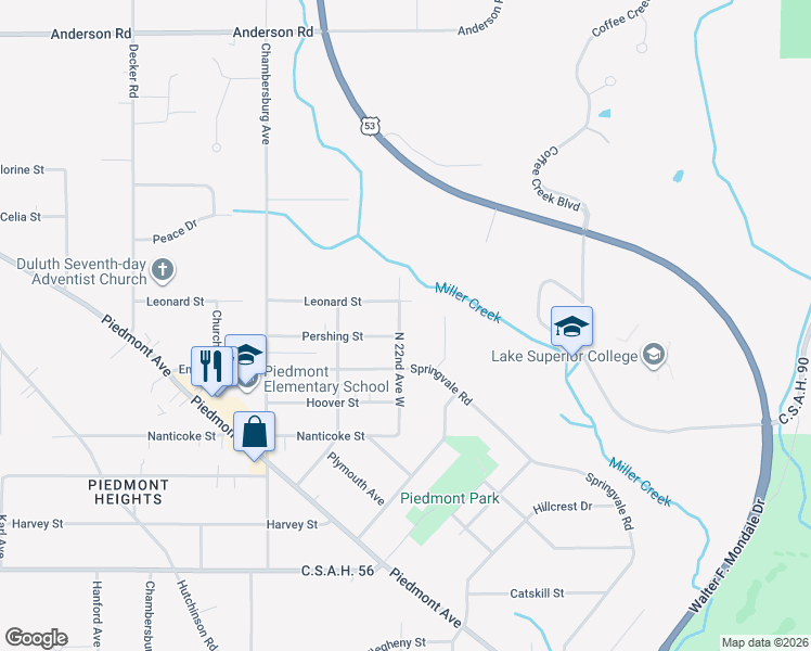 map of restaurants, bars, coffee shops, grocery stores, and more near 2732 North 22nd Avenue West in Duluth