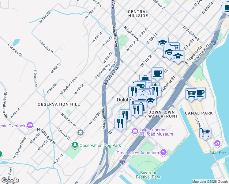 map of restaurants, bars, coffee shops, grocery stores, and more near 416 West 4th Street in Duluth