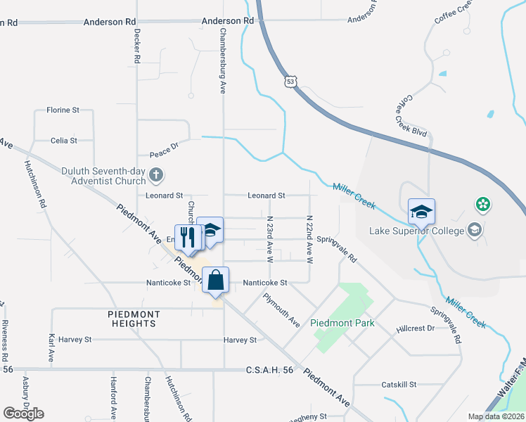 map of restaurants, bars, coffee shops, grocery stores, and more near 2243 Pershing Street in Duluth