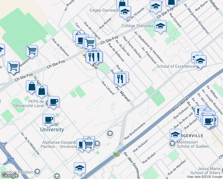 map of restaurants, bars, coffee shops, grocery stores, and more near 945 Rue Liénard in Quebec