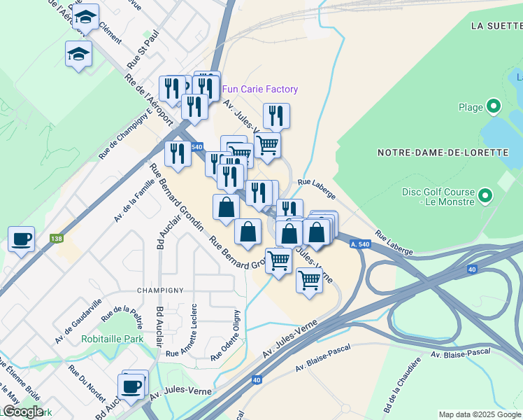 map of restaurants, bars, coffee shops, grocery stores, and more near 1160 Autoroute Duplessis in Quebec
