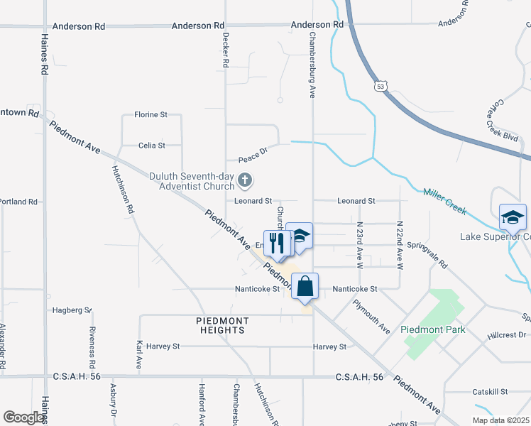 map of restaurants, bars, coffee shops, grocery stores, and more near 3111 Church Place in Duluth