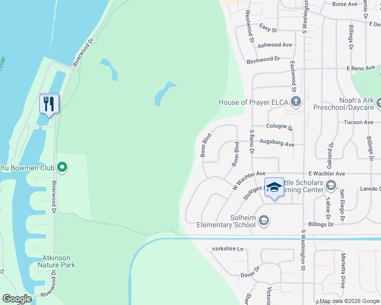 map of restaurants, bars, coffee shops, grocery stores, and more near 1882 Bonn Boulevard in Bismarck