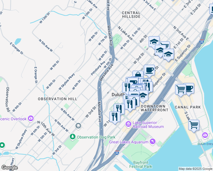 map of restaurants, bars, coffee shops, grocery stores, and more near 416 West 4th Street in Duluth