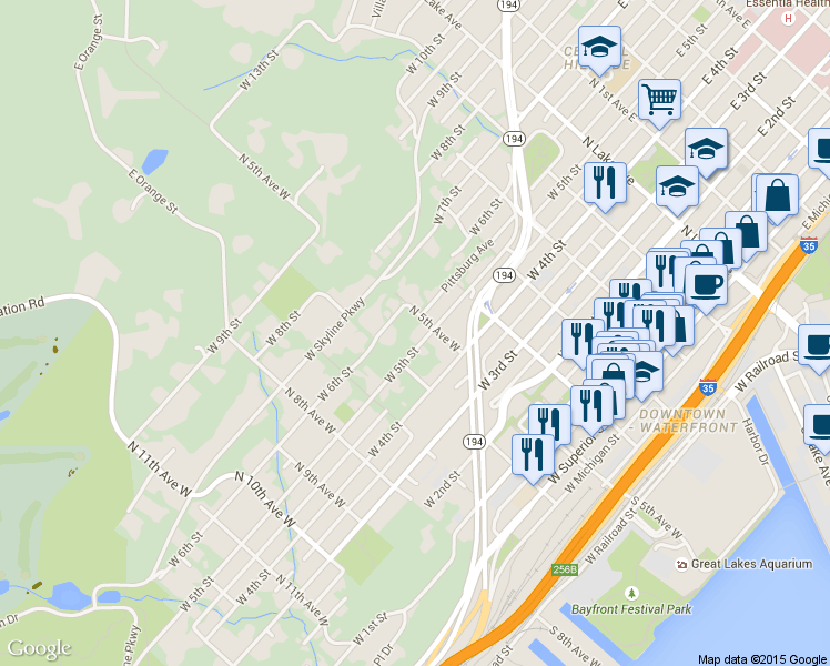 map of restaurants, bars, coffee shops, grocery stores, and more near 516 West 5th Street in Duluth
