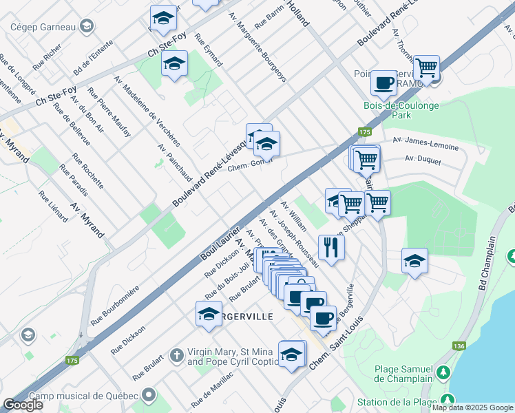 map of restaurants, bars, coffee shops, grocery stores, and more near 1872 Boulevard Laurier in Ville de Québec