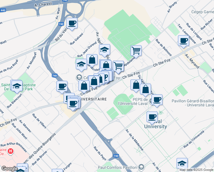 map of restaurants, bars, coffee shops, grocery stores, and more near 5583 Chemin des Quatre Bourgeois in Ville de Québec