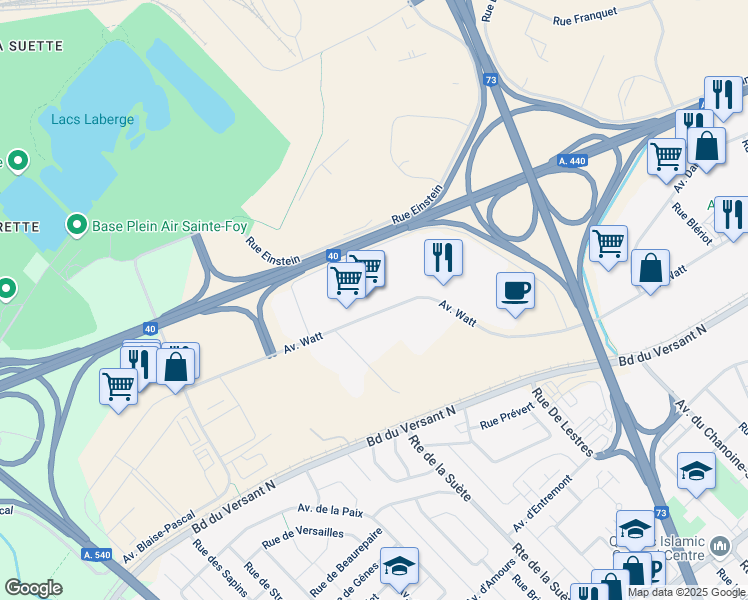 map of restaurants, bars, coffee shops, grocery stores, and more near 2991 Avenue Watt in Québec