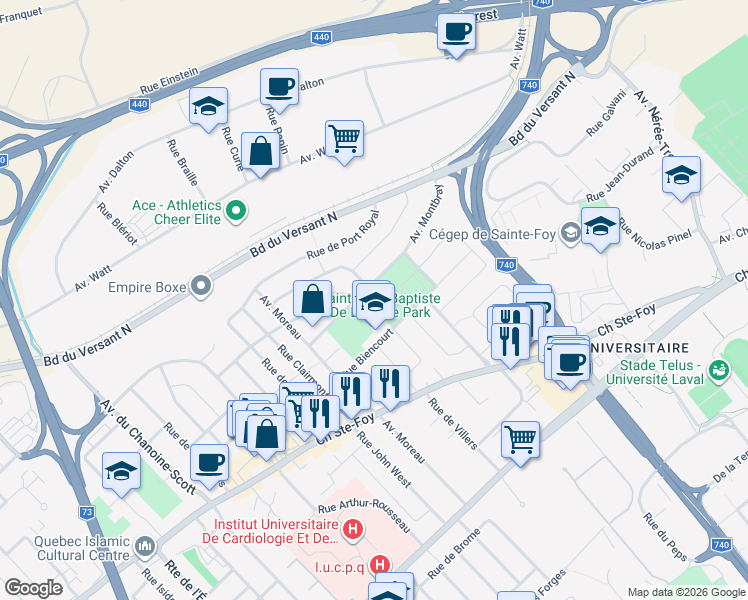 map of restaurants, bars, coffee shops, grocery stores, and more near 2608 Rue Biencourt in Québec