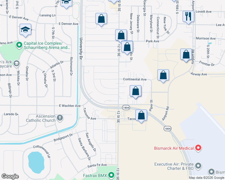 map of restaurants, bars, coffee shops, grocery stores, and more near 119-199 Northwest Drive in Bismarck
