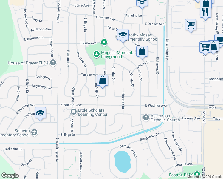 map of restaurants, bars, coffee shops, grocery stores, and more near 1708 Omaha Drive in Bismarck