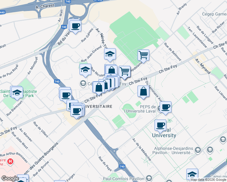 map of restaurants, bars, coffee shops, grocery stores, and more near 5583 Chemin des Quatre-Bourgeois in Québec