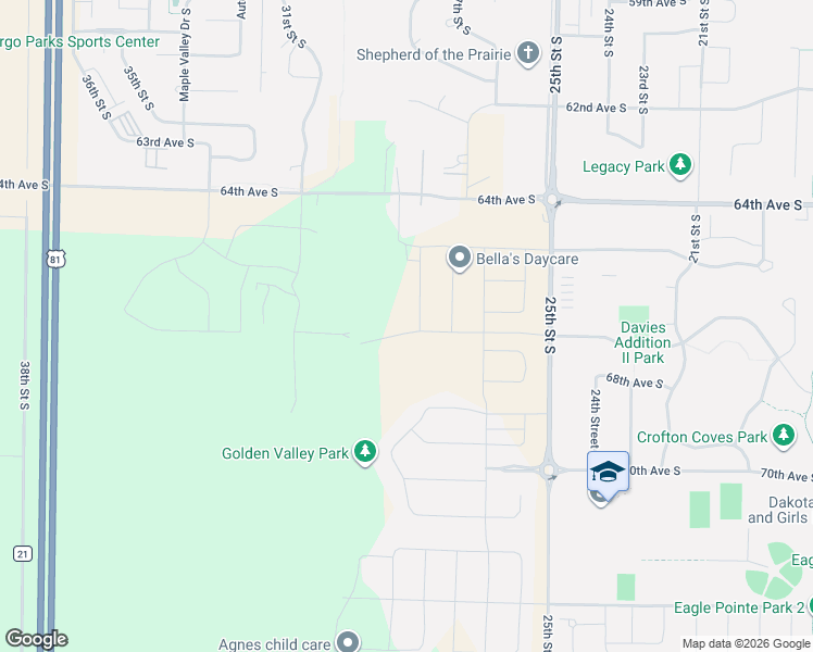 map of restaurants, bars, coffee shops, grocery stores, and more near 2826 Golden Valley Avenue South in Fargo