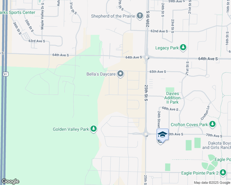 map of restaurants, bars, coffee shops, grocery stores, and more near 6737 25th Street South in Fargo