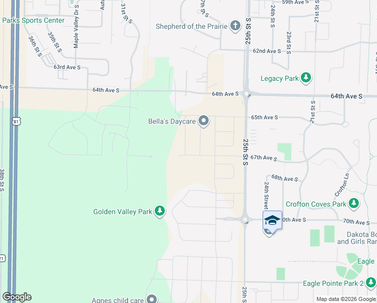 map of restaurants, bars, coffee shops, grocery stores, and more near 2705 South 65 Avenue in Fargo