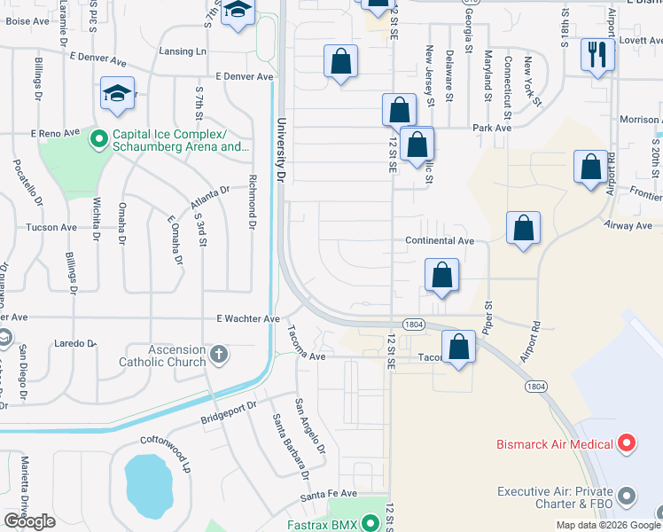 map of restaurants, bars, coffee shops, grocery stores, and more near 135 Delta Avenue in Bismarck