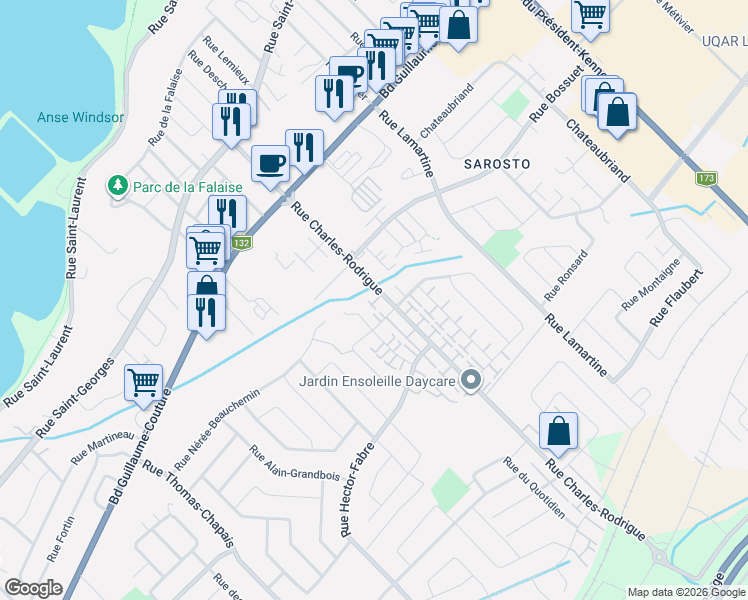 map of restaurants, bars, coffee shops, grocery stores, and more near 1220 Rue Charles-Rodrigue in Lévis