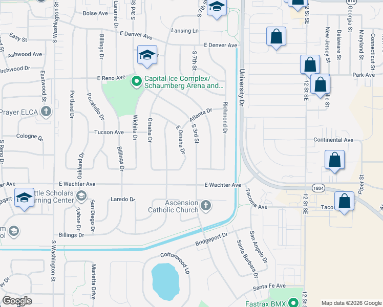 map of restaurants, bars, coffee shops, grocery stores, and more near 1611 E Omaha Dr in Bismarck