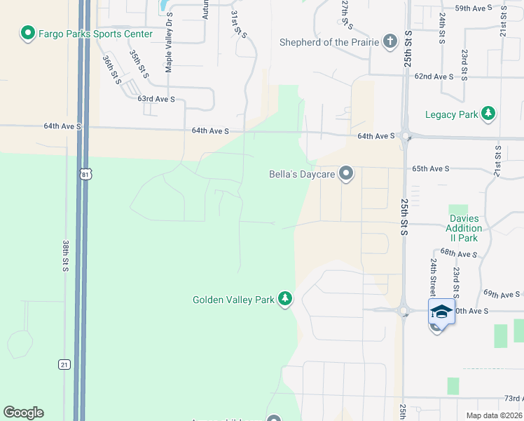 map of restaurants, bars, coffee shops, grocery stores, and more near 3243 67th Avenue South in Fargo