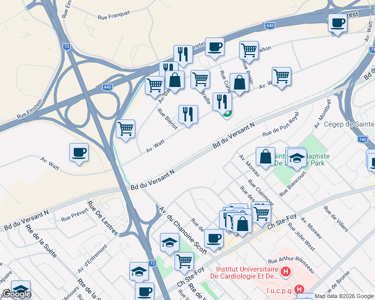 map of restaurants, bars, coffee shops, grocery stores, and more near 2699 Avenue Watt in Québec