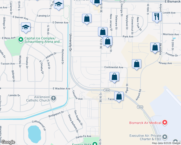 map of restaurants, bars, coffee shops, grocery stores, and more near 135 Delta Avenue in Bismarck