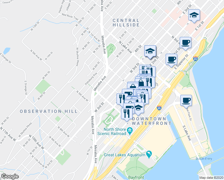 map of restaurants, bars, coffee shops, grocery stores, and more near 319 North 3rd Avenue West in Duluth