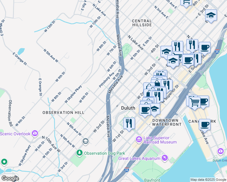 map of restaurants, bars, coffee shops, grocery stores, and more near 450 Mesaba Avenue in Duluth