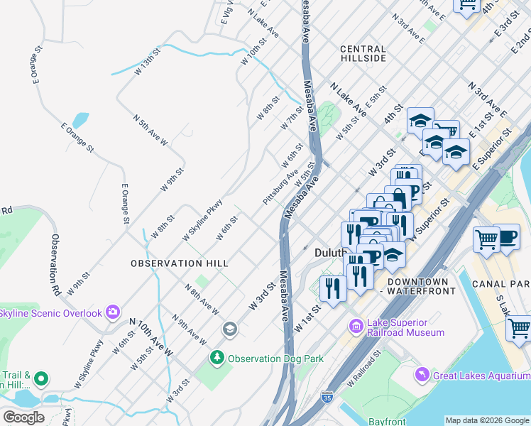 map of restaurants, bars, coffee shops, grocery stores, and more near 417 West 5th Street in Duluth