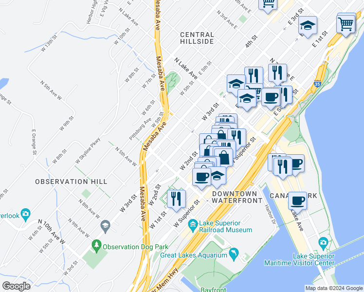 map of restaurants, bars, coffee shops, grocery stores, and more near 228 West 3rd Street in Duluth