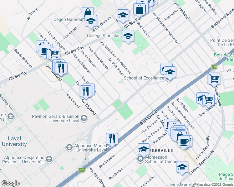 map of restaurants, bars, coffee shops, grocery stores, and more near 924 Avenue du Bon Air in Québec