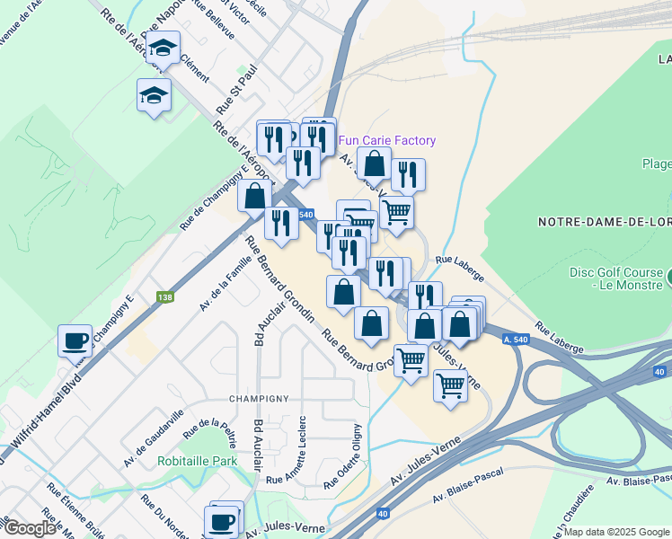 map of restaurants, bars, coffee shops, grocery stores, and more near 1180 Autoroute Duplessis in Québec