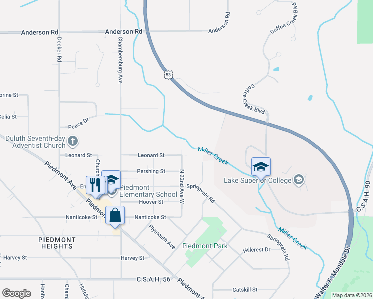 map of restaurants, bars, coffee shops, grocery stores, and more near 2141 Leonard Street in Duluth