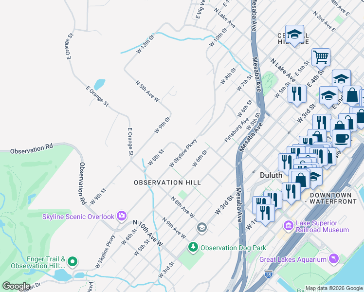 map of restaurants, bars, coffee shops, grocery stores, and more near 718 North 6th Avenue West in Duluth