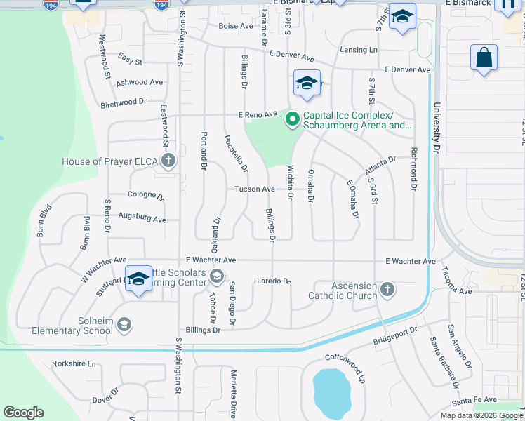 map of restaurants, bars, coffee shops, grocery stores, and more near 1614 Billings Drive in Bismarck